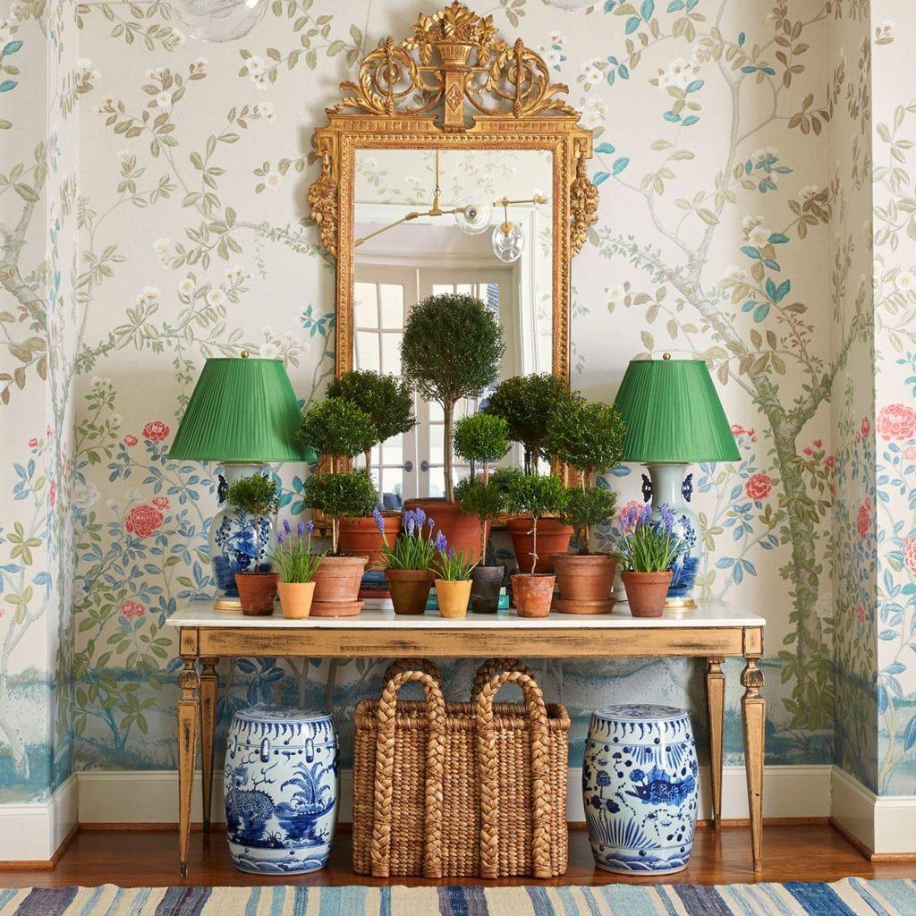 1024x1024 Caroline Gidiere Schumacher Madame de Pompadour wallpaper Chinoiserie Alabaster blue and white porcelain topiaries topiary collection Glam Pad