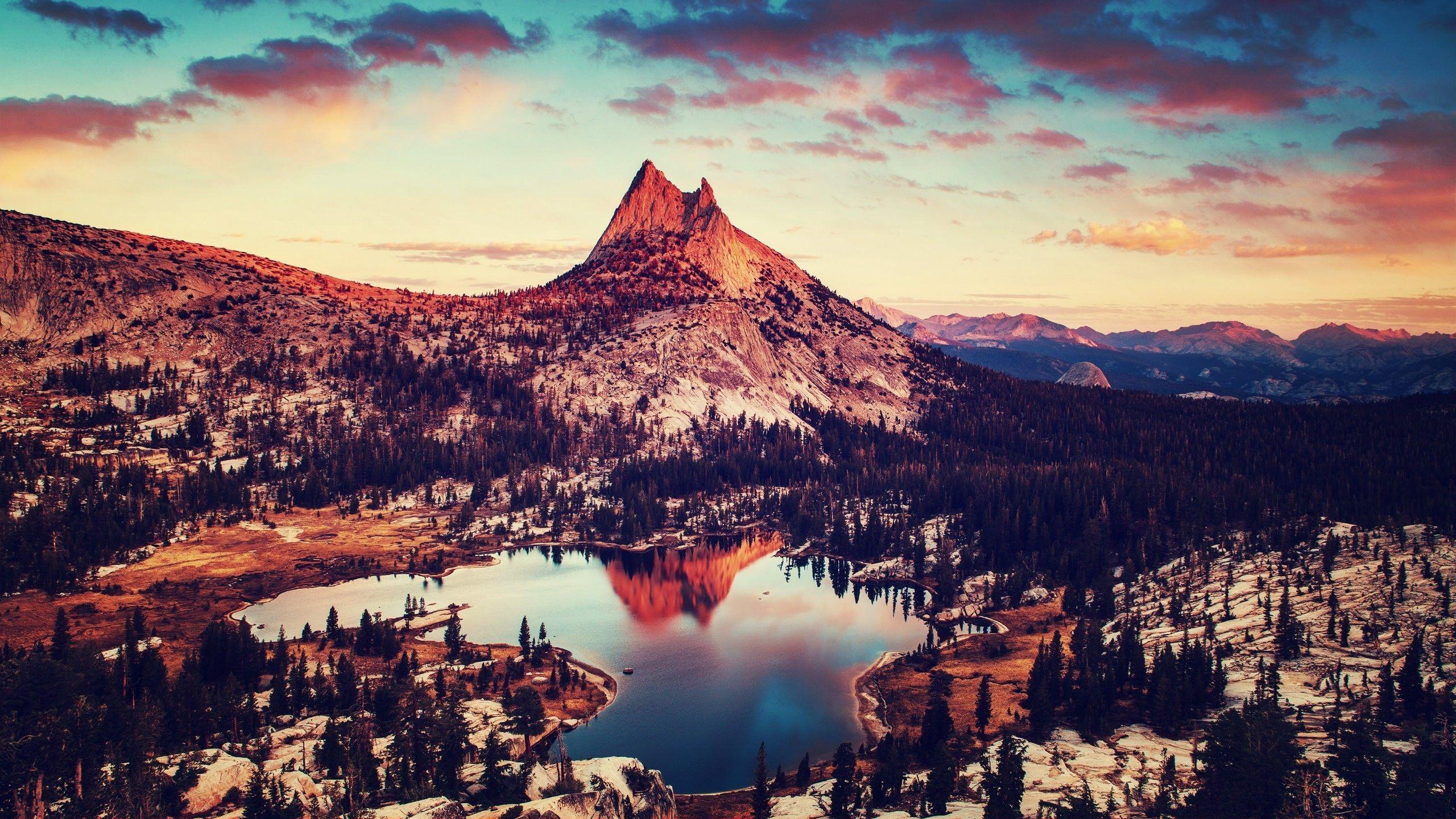 2560x1440 mountain, Trees, Snow, Clouds, Water, Valley, Lake, Sunset, Winter