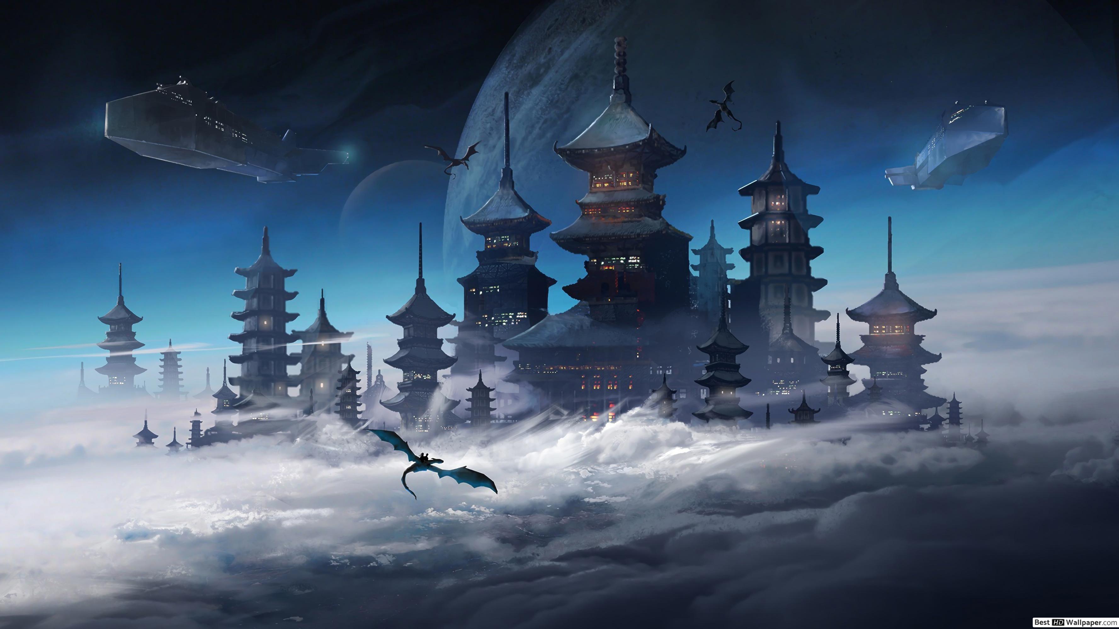 3554x1999 Japanese Castle Fantasy HD wallpaper download