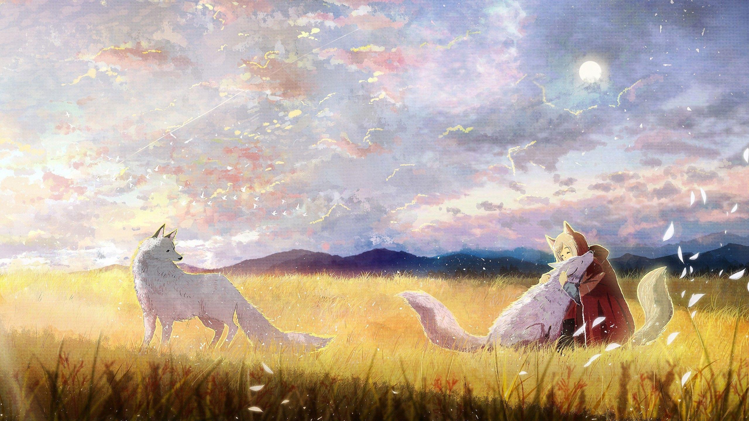 2560x1440 Download 2560x1440 Anime Wolf Girl, White Wolves, Field, Majestic