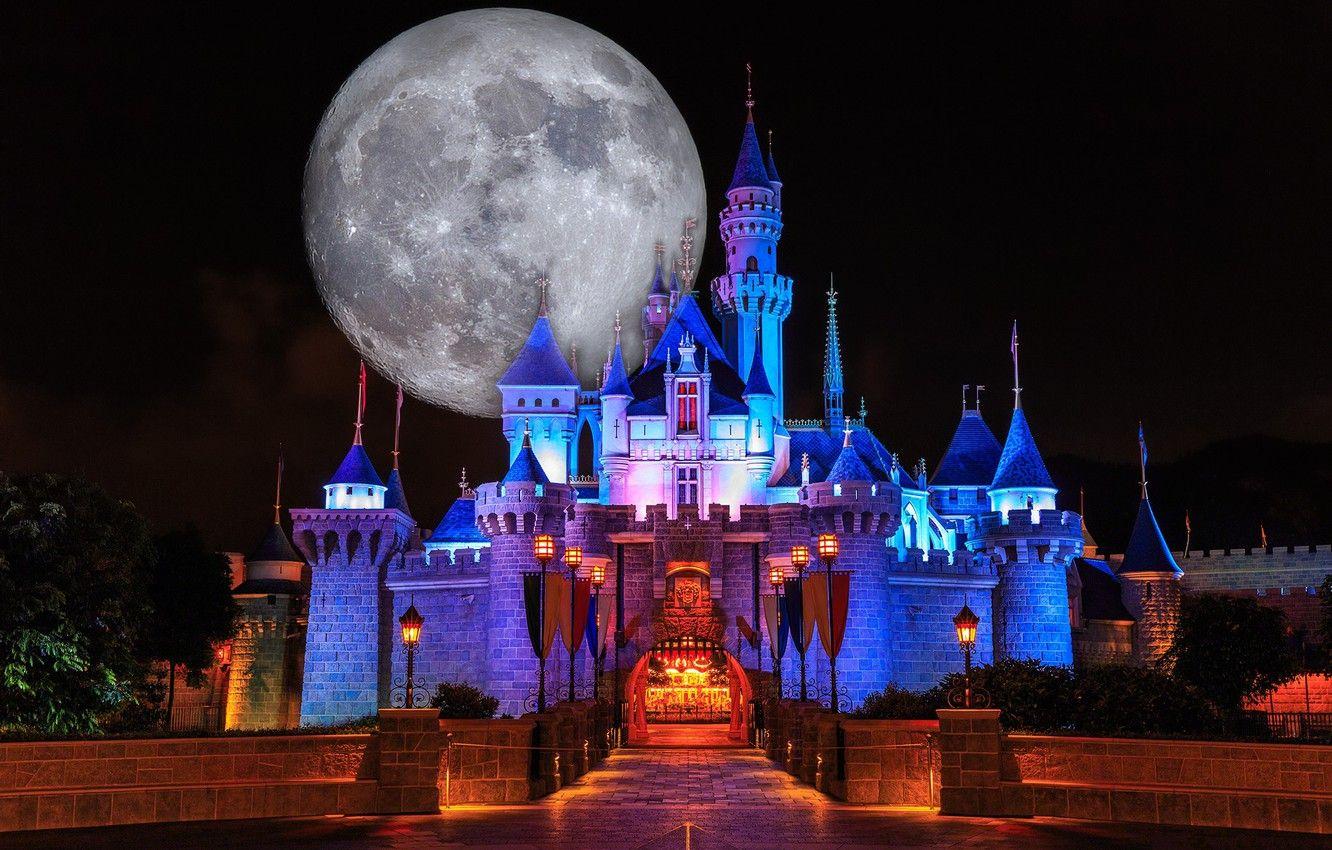 1332x850 Wallpaper night, castle, the moon, Disneyland image for desktop, section город