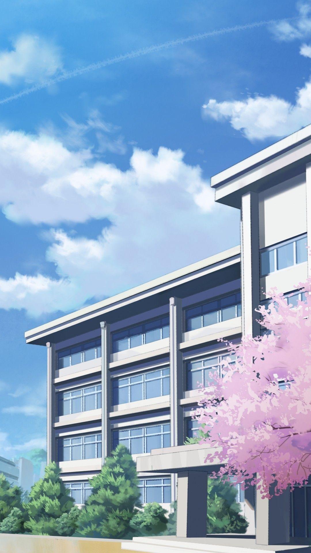 1080x1920 Download 1080x1920 Anime School, Building, Sakura Blossom, Clouds