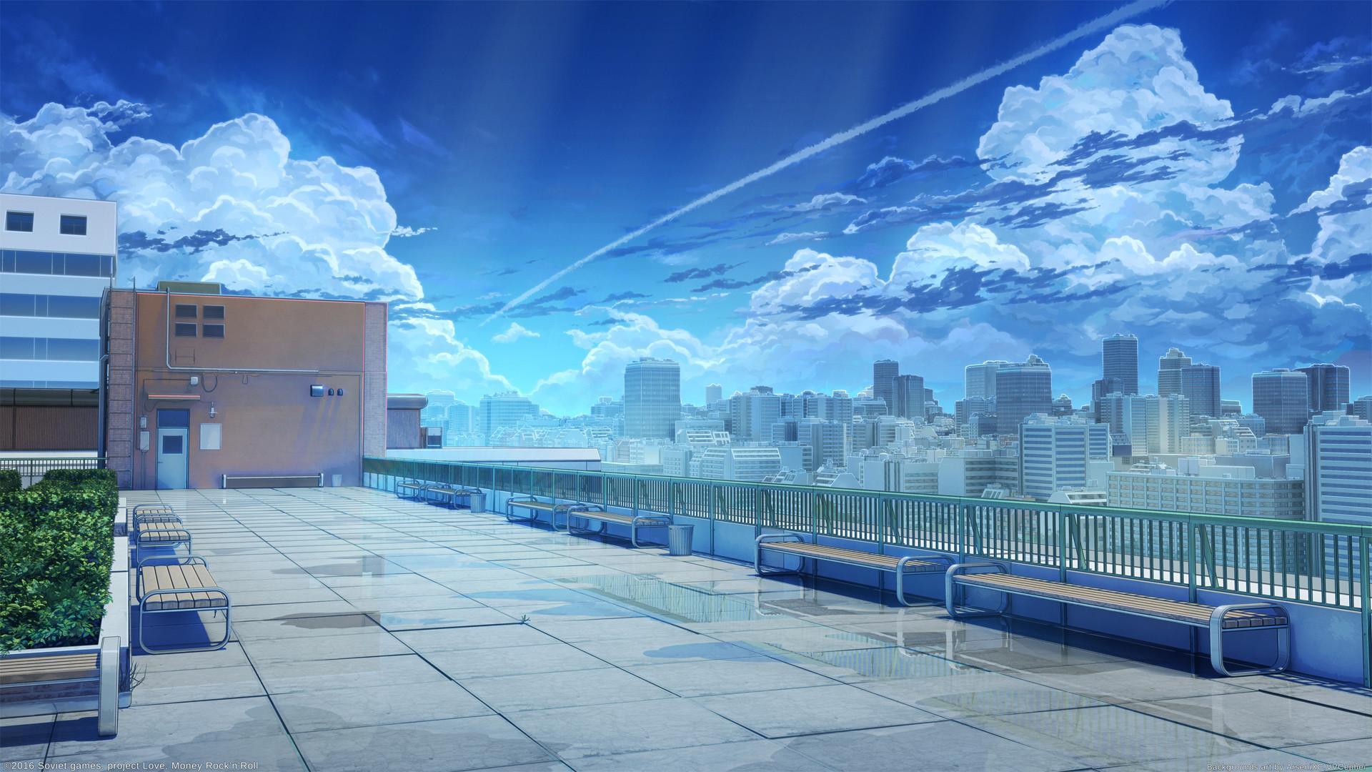 1920x1080 Anime School Rooftop Night Wallpaper