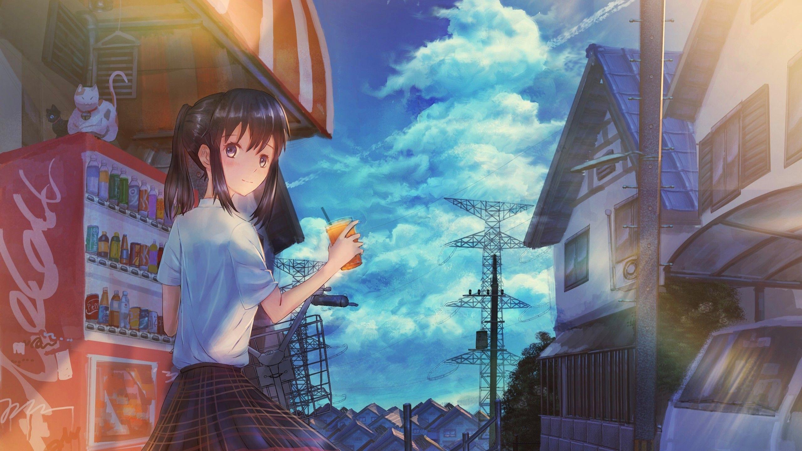 2560x1440 Anime School Girl With Summer Drink 1440P Resolution HD