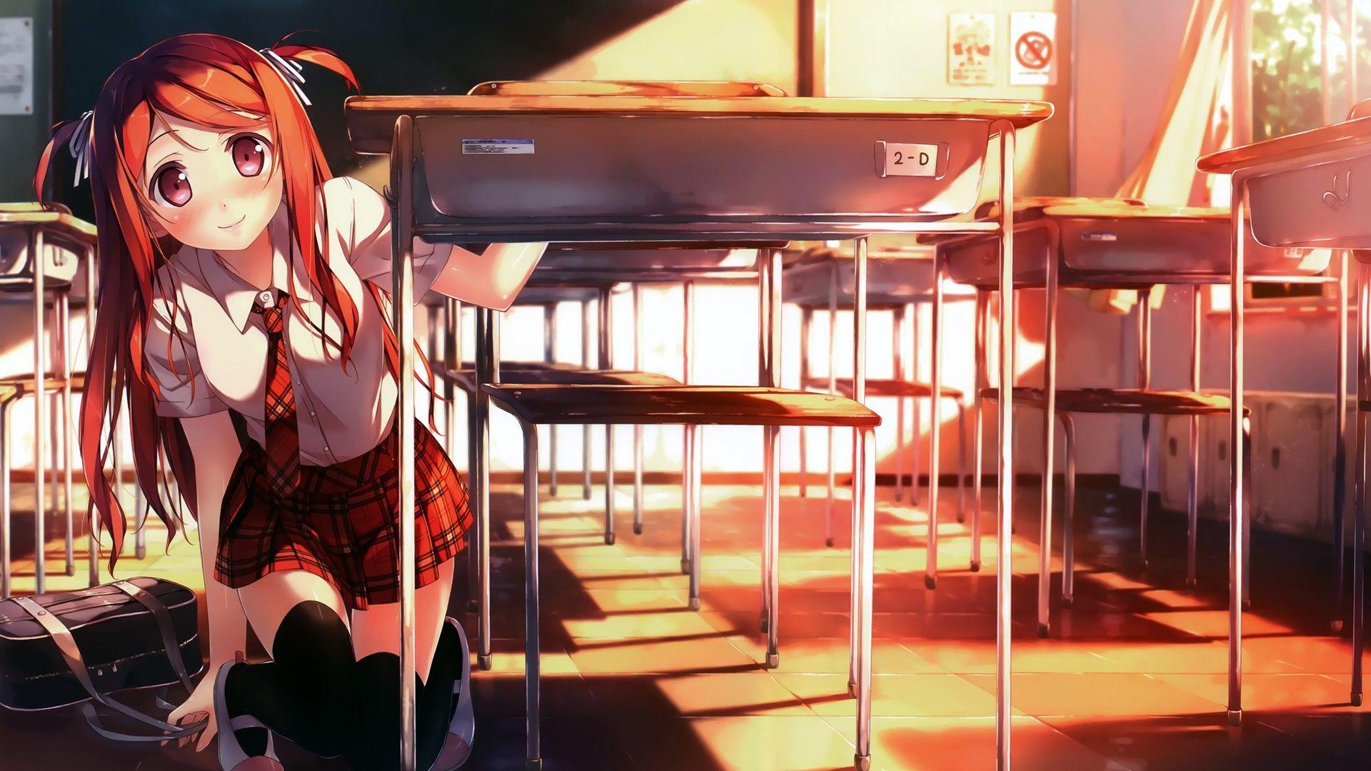 1920x1080 Phụ nữ tóc đỏ đồng phục học sinh lớp học mắt đỏ cô gái anime Kantoku (nghệ sĩ) nhân vật gốc Kurumi (Kantoku) hình nền.  1920x1080.  193446