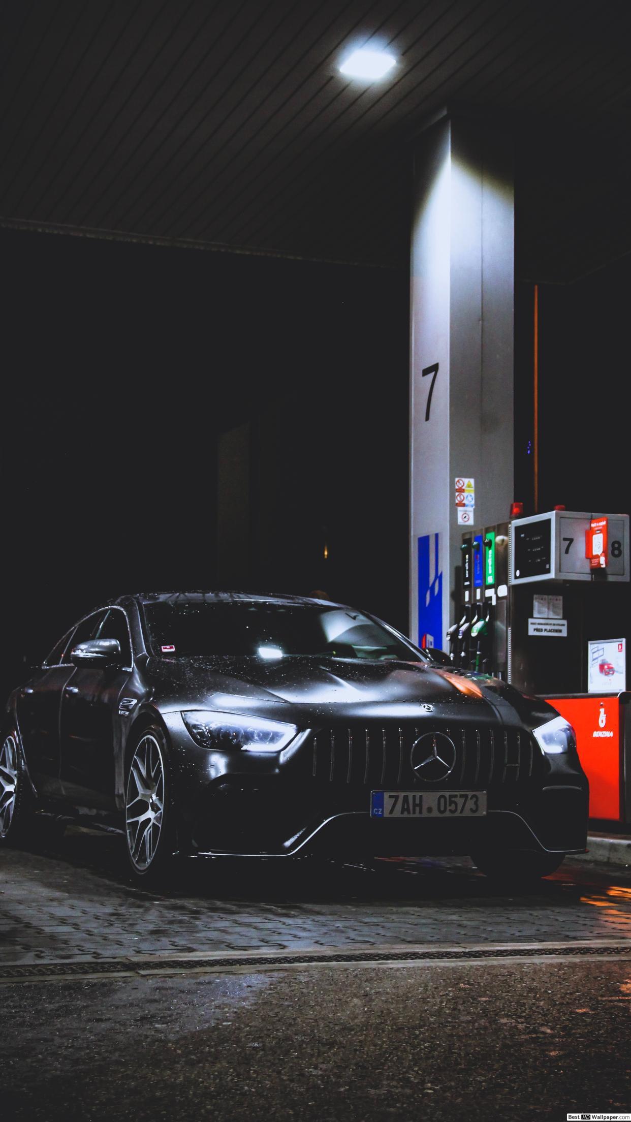 1242x2208 Black Mercedes Benz Car At Gas Station At Night HD Wallpaper Download