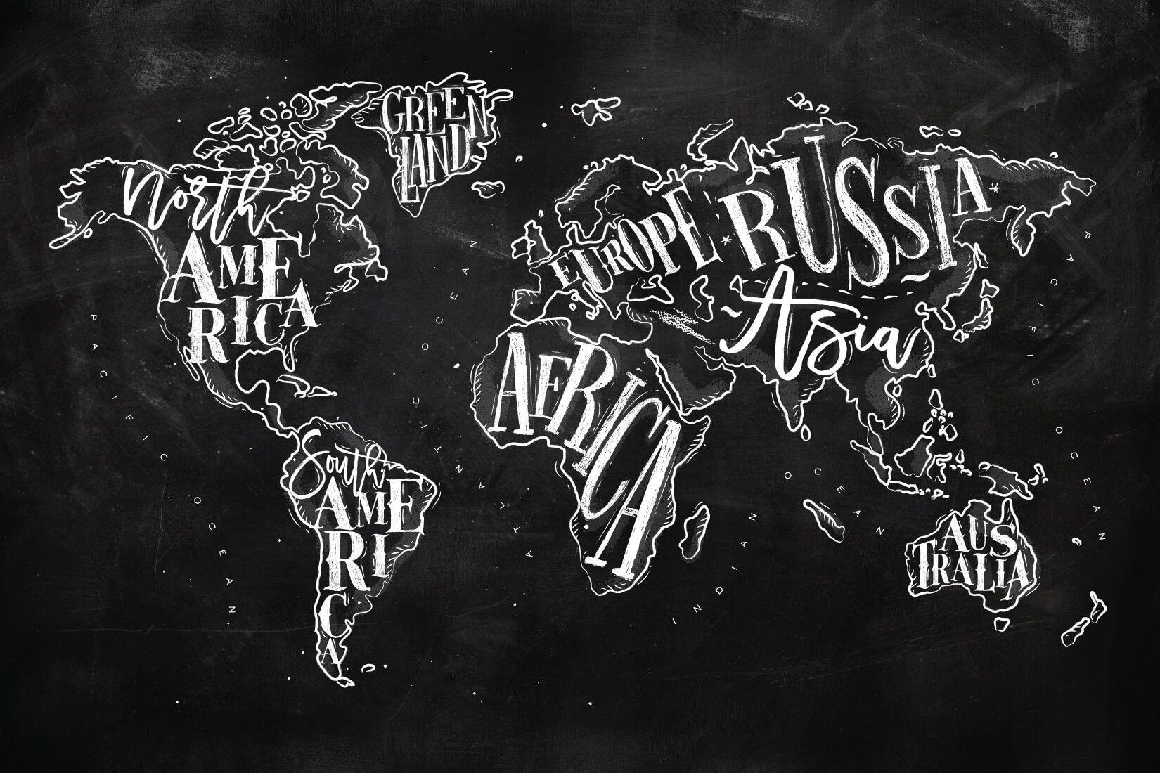 1650x1100 Chalkboard Typography World Map Wall Mural. Map wall mural