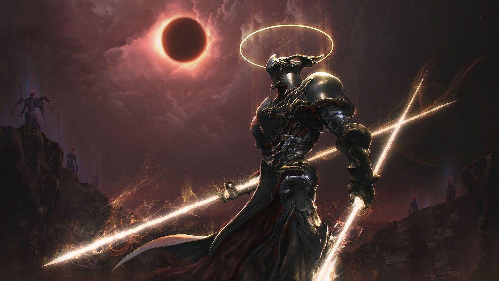1920x1080 fantasy art, #Peter Zhou, #solar eclipse, #warrior, #demon
