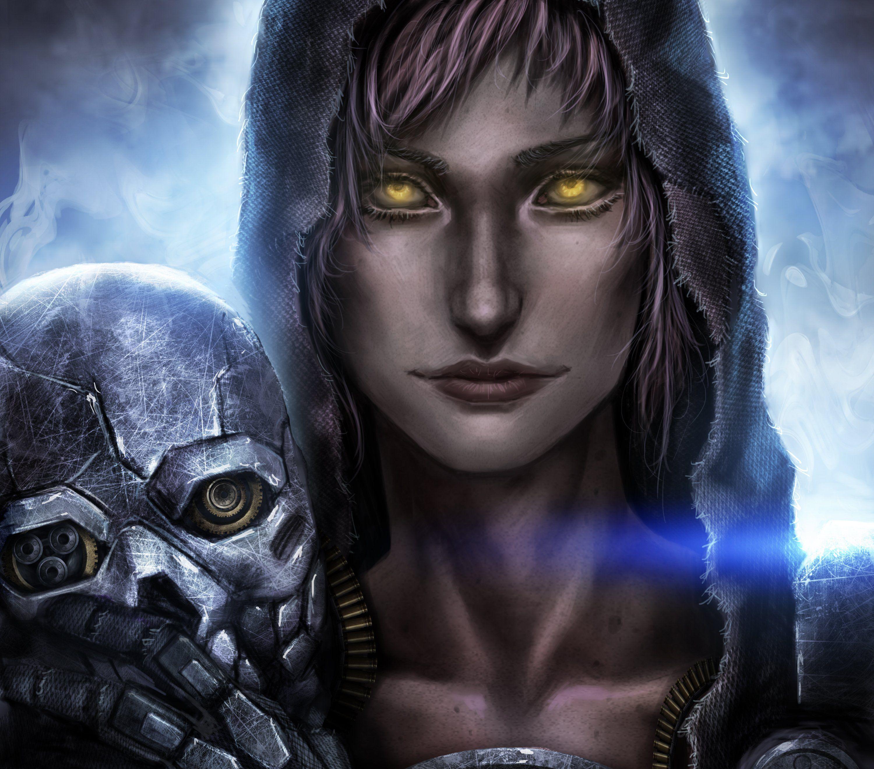 3000x2642 dishonored, Robot, Glance, Hood, Headgear, Face, Games, Girls