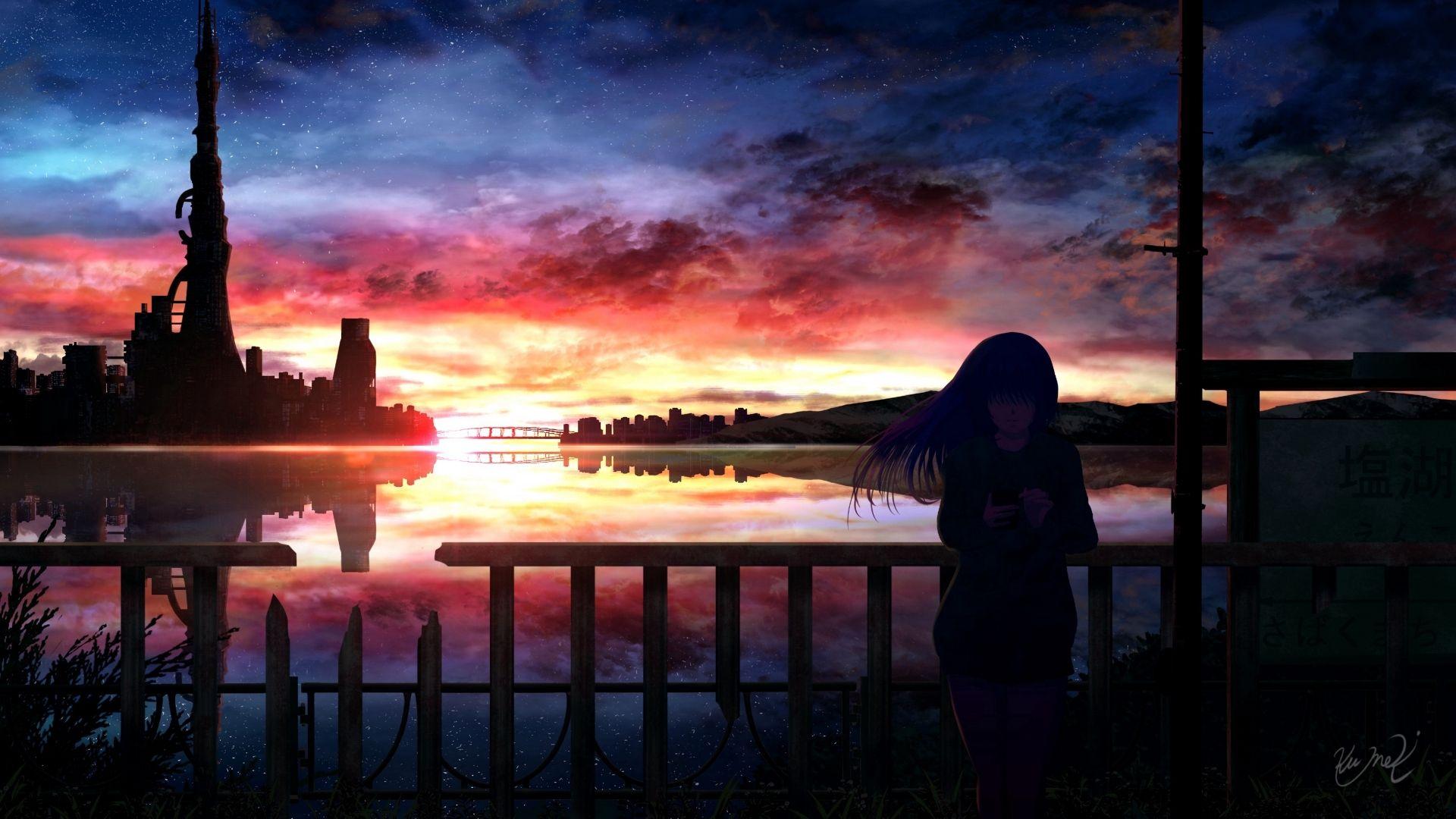 1920x1080 Anime Girl In Sunset 1080P Laptop Full HD Wallpaper, HD