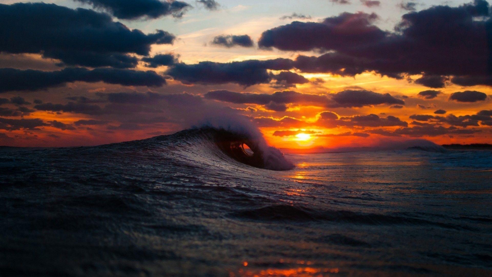 1920x1080 Download Wallpaper Sea, Surf, Wave, Sunset Full HD Sunset