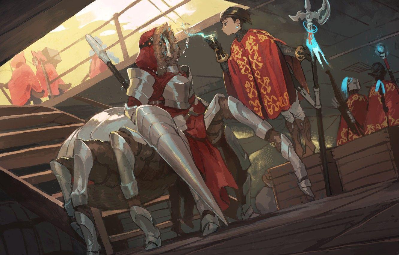 1332x850 Wallpaper spider, girl, fantasy, weapon, anime, artwork, warrior, fantasy art, cyborg, cloak, creature, spear, halberd, Pixiv Fantasia, anime girl image for desktop, section арт