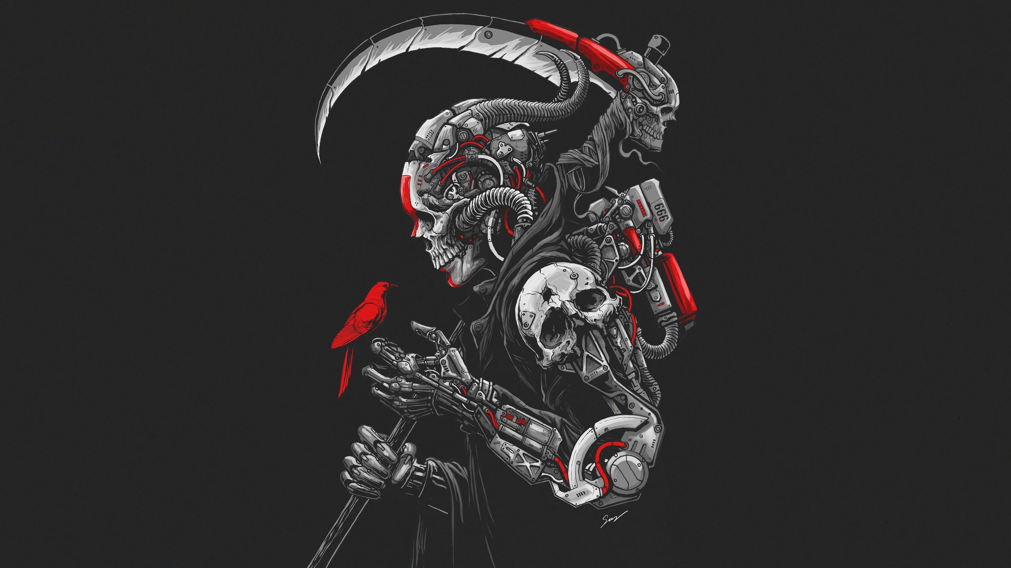 3840x2160 Sci Fi Skull Cyborg Warrior Scythe 4K Wallpaper