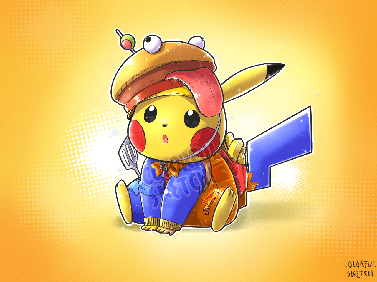 1280x960 My drawing : pikachu working for durrr burger