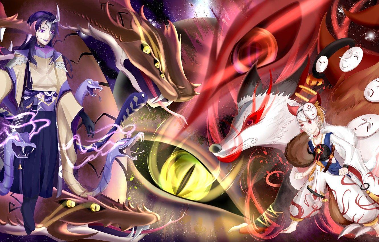 1332x850 Wallpaper fantasy, Reptile, Yamata no Orochi, Onmyouji, Onmyouji
