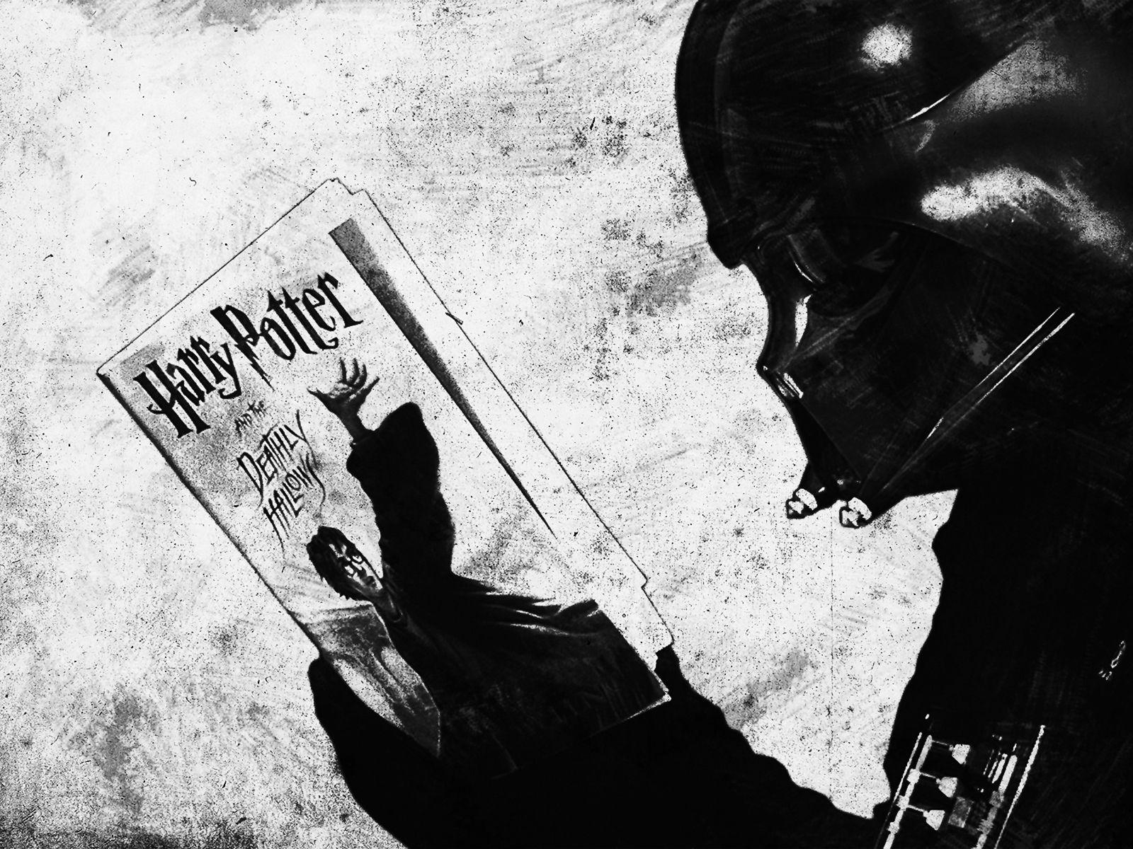 1600x1200 Black and white desktop wallpaper: Darth Vader reading Harry
