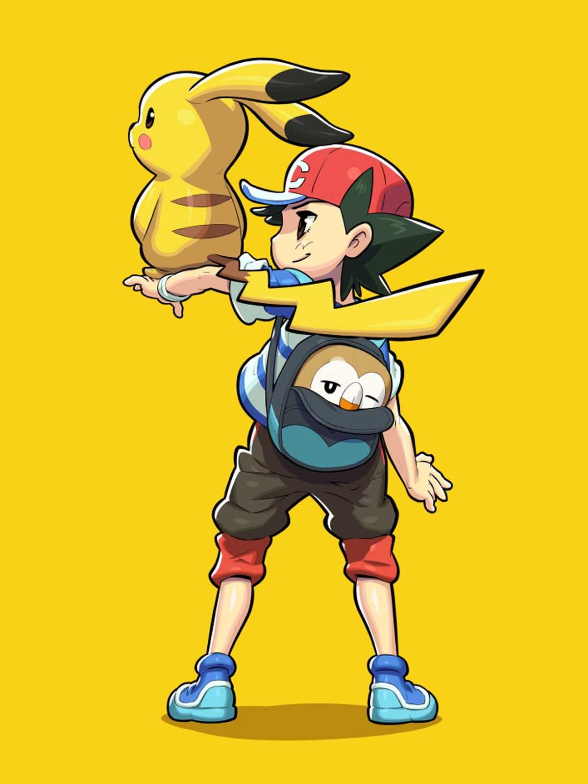 1200x1600 Pokemon Pikachu Rowlet And Satoshi Free 4K Ultra HD Mobile Wallpaper