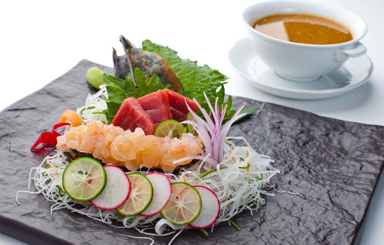 1332x850 Wallpaper soup, vegetables, seafood, tuna, sashimi image