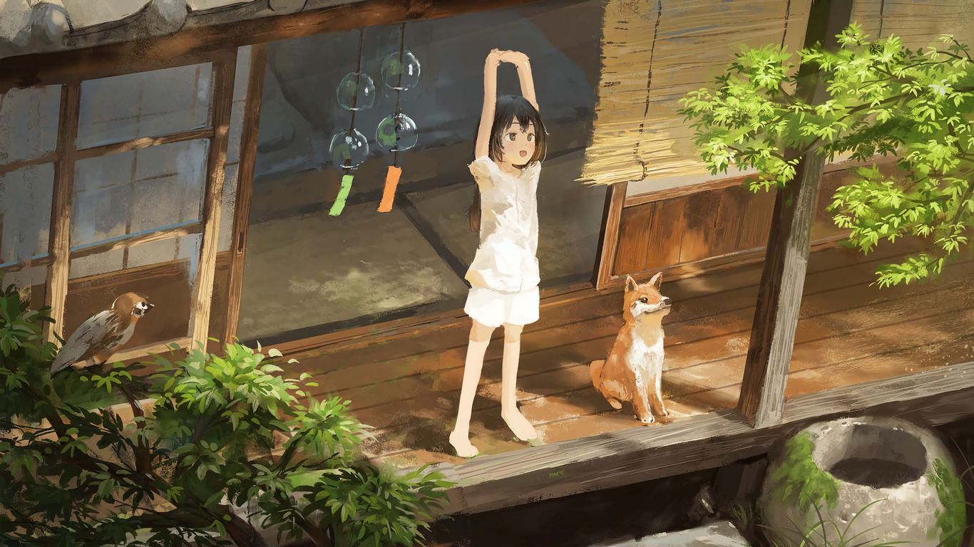1366x768 Download wallpaper 1366x768 girl, smile, dog, pet, morning, anime tablet, laptop HD background