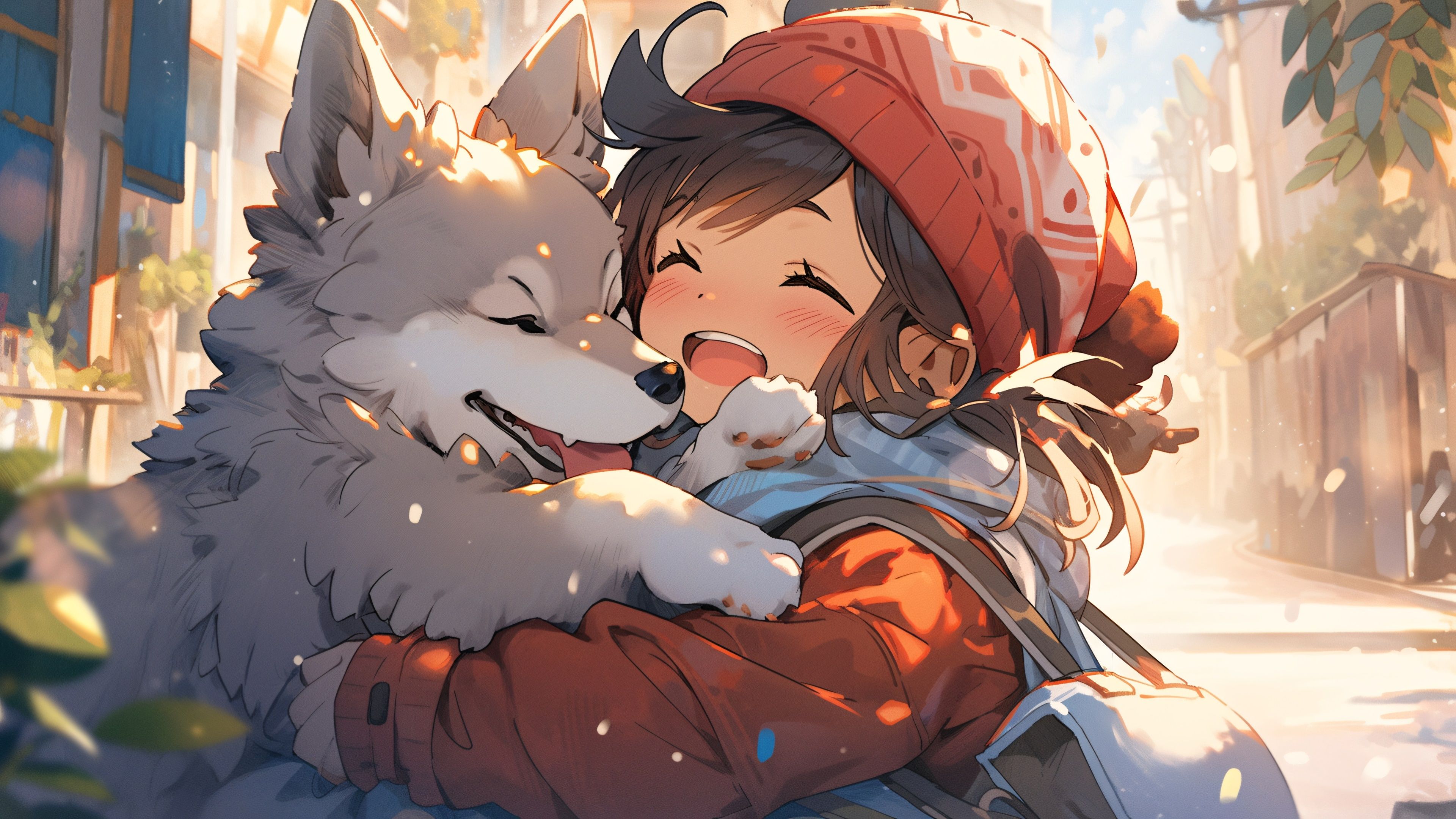 3840x2160 A Girl and Her Dog in Joyful Embrace