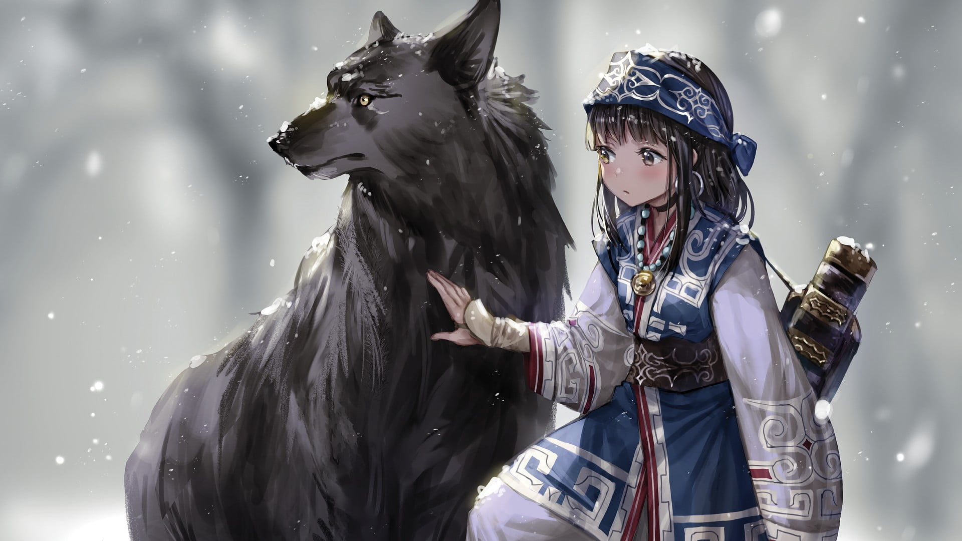 1920x1080 Girl character beside wolf illustration, fantasy art, anime, snow, wolf HD wallpaper