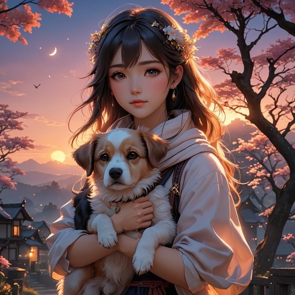 1024x1024 pretty girl with her cute dog in her arms. Mystical scene, ethereal, glow, beautiful sunset. By artist anime, 3D anime art, inspired