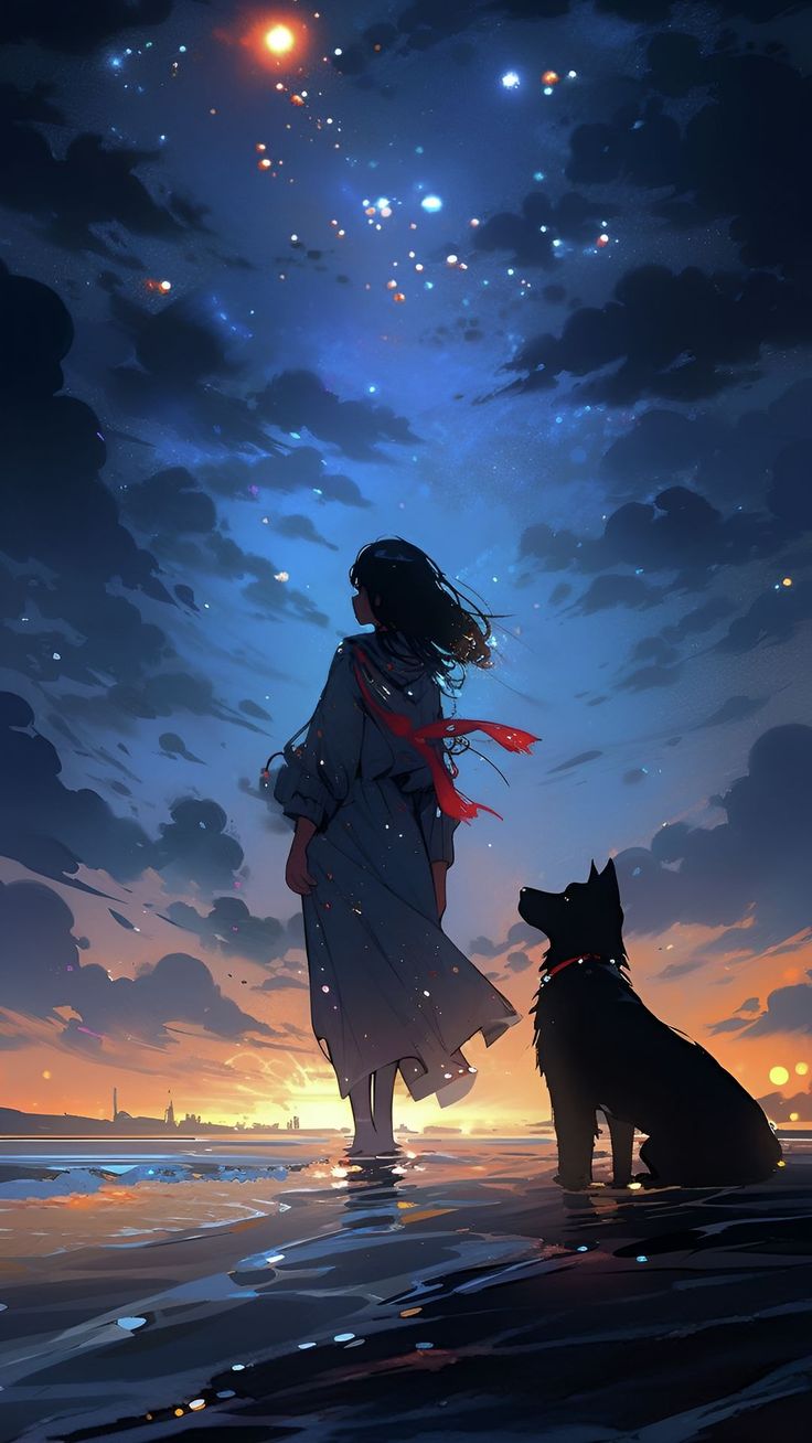 736x1308 Wallpaper girl, dog, water, night, sky, stars, Animals 4K by Lover of aesthetics. Download wallpaper girl, dog, water, night, sky, stars for free