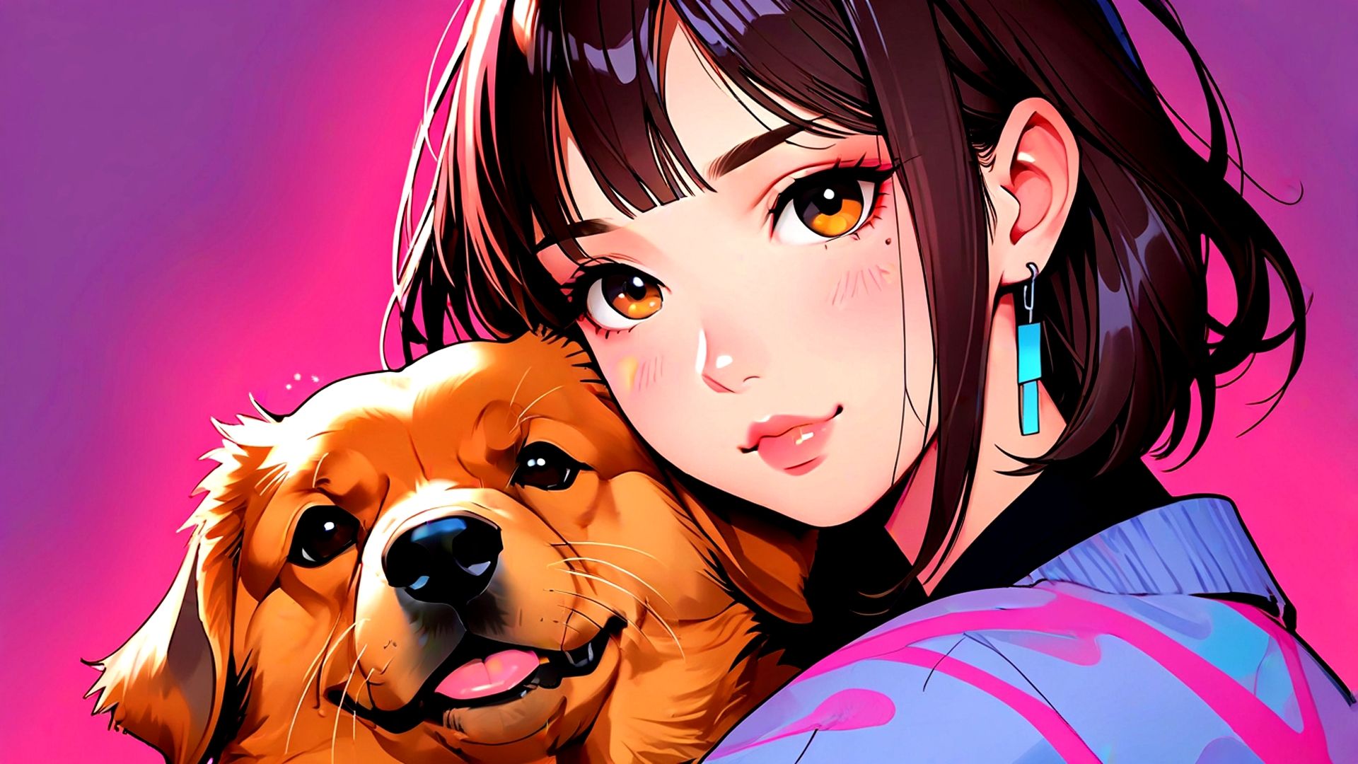 1920x1080 short hair animal girl is wearing blue pink dress hugging dog in colorful background HD Anime Girl Wallpaper