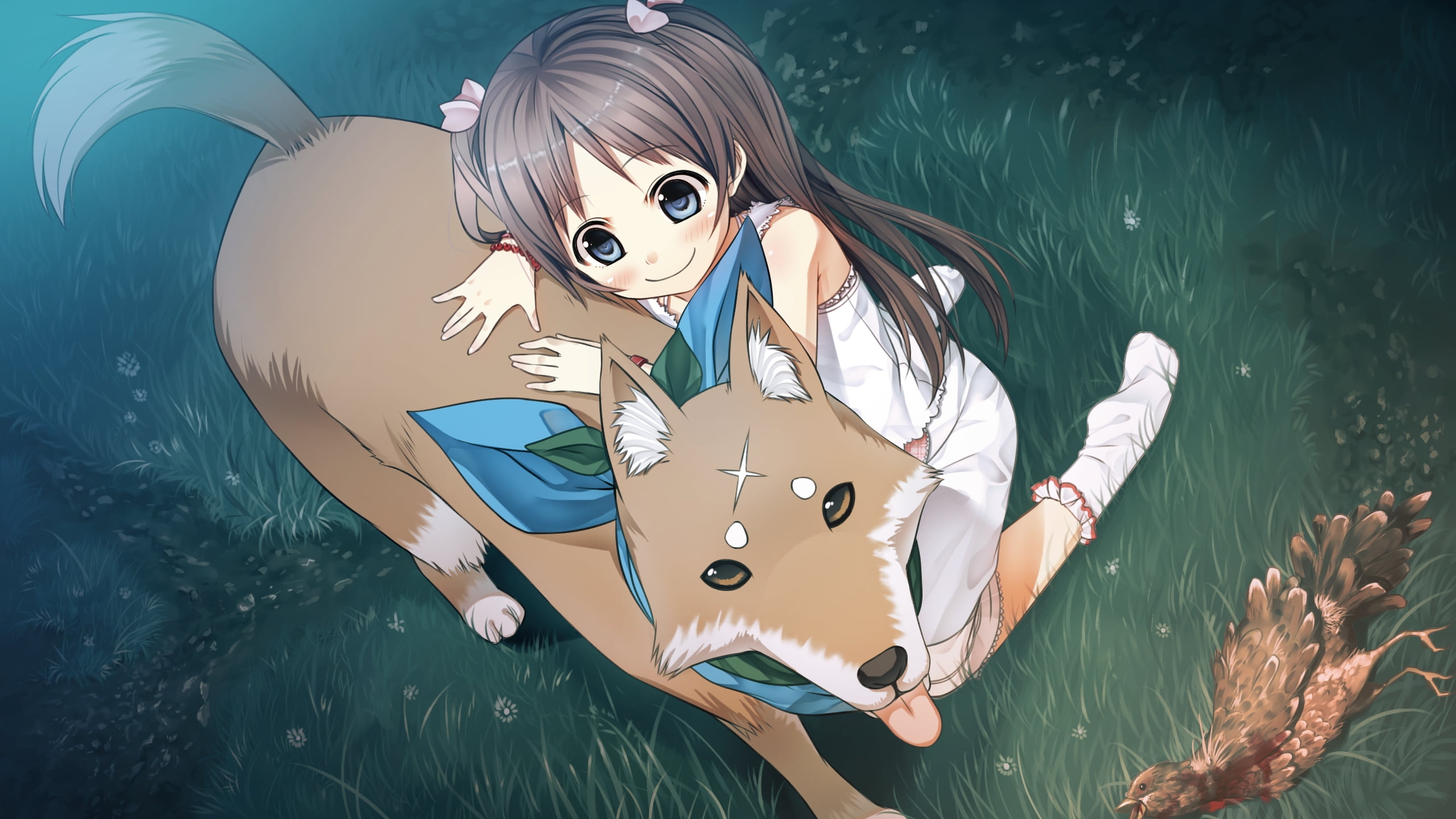 2560x1440 Animated poster of girl beside dog HD wallpaper