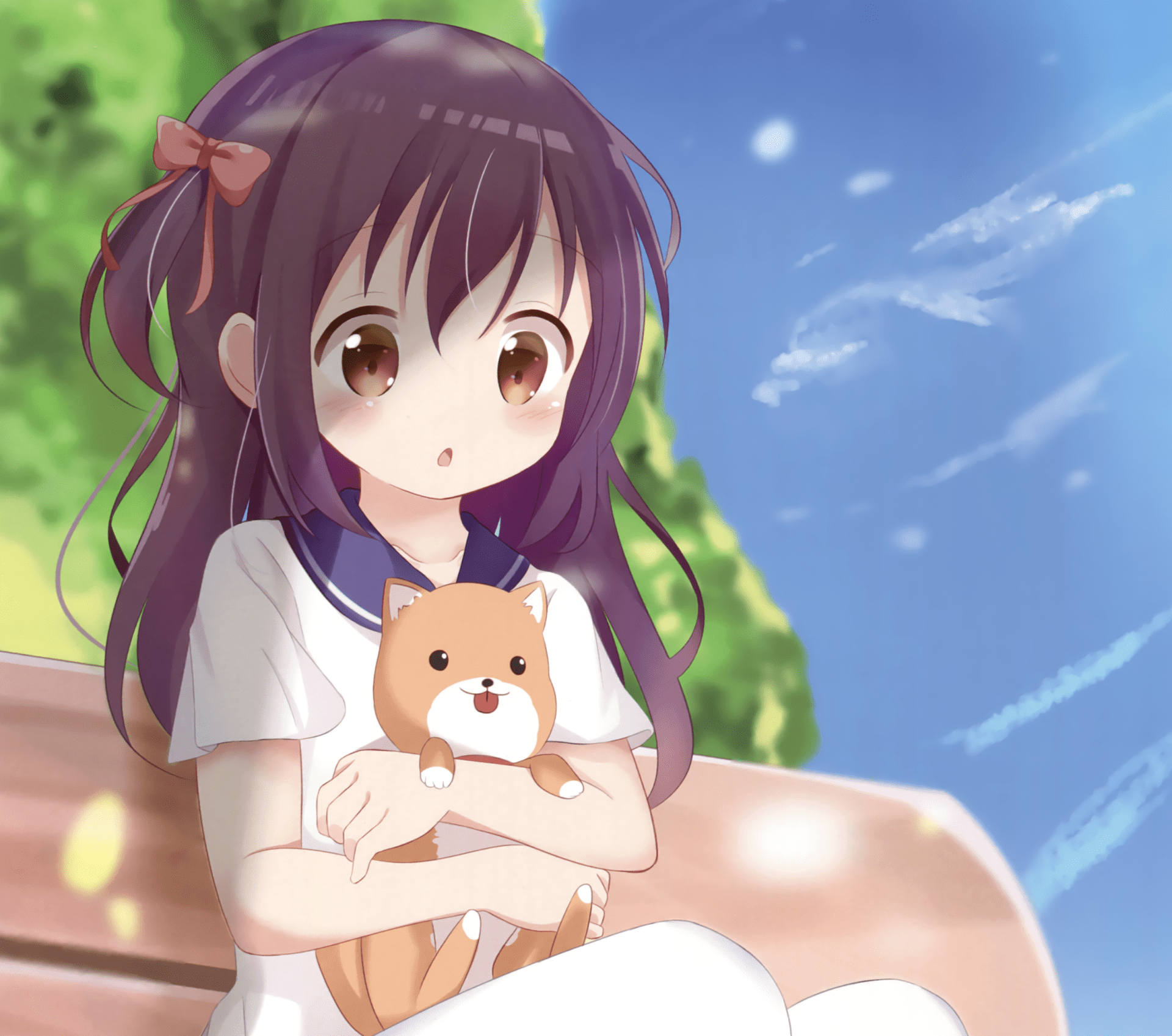 1920x1698 Anime Girl with Brown Eyes and Twin Tails Hugging Adorable Dog Wallpaper by 和水ややどx2200
