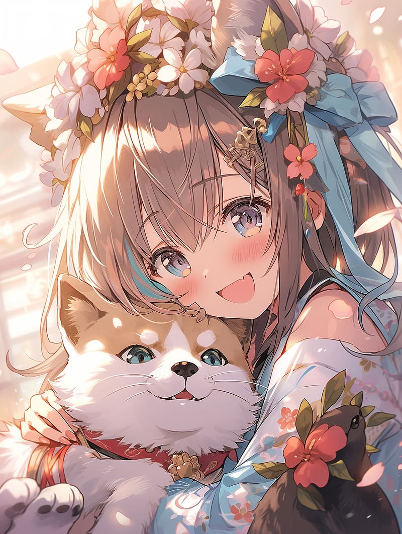 800x1062 Girl, smile, dog, pet, cute, anime, art, HD phone wallpaper