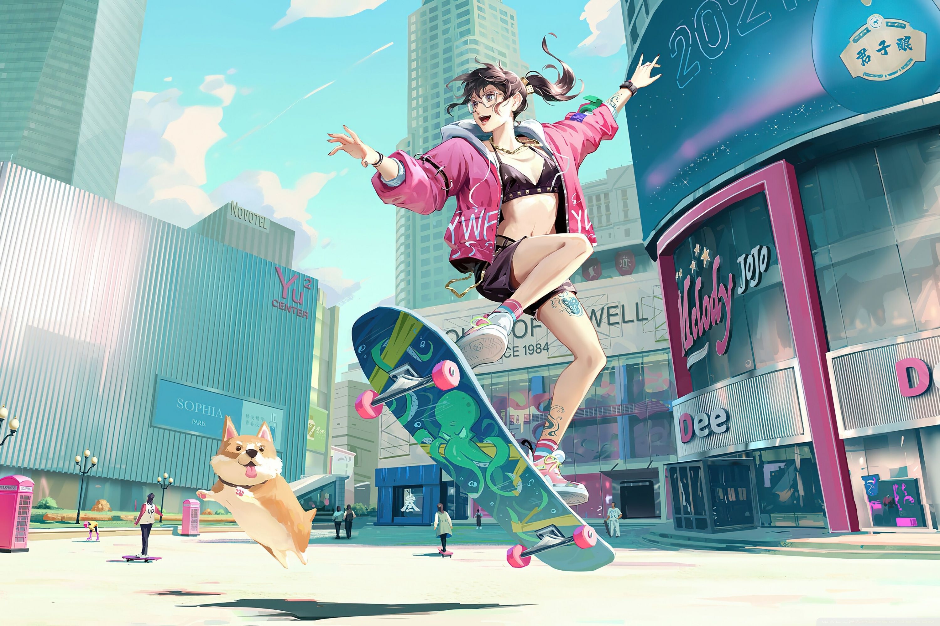 3000x2000 Teenage Skater Girl Having Fun with Her Dog in the City Anime 4K UHD Wallpaper for UltraHD Desktop and TV : Widescreen and UltraWide Display : Smartphone and Tablet Devices