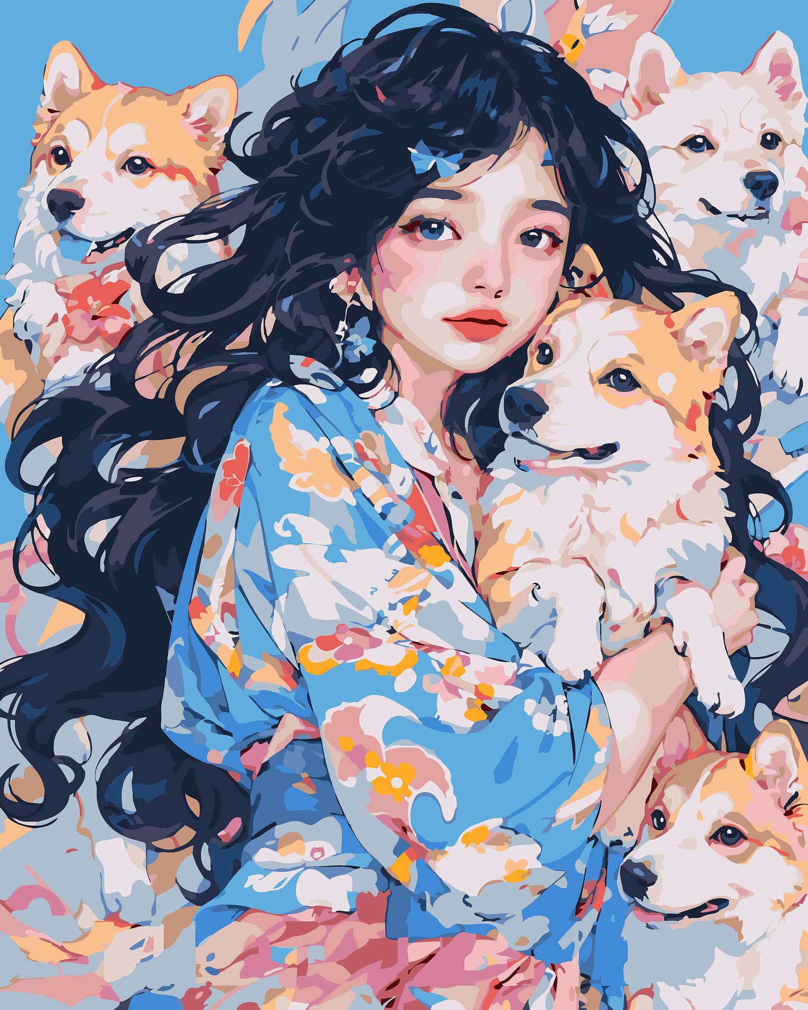 1600x2000 Anime Girl Dogs. Paint By Numbers Kit