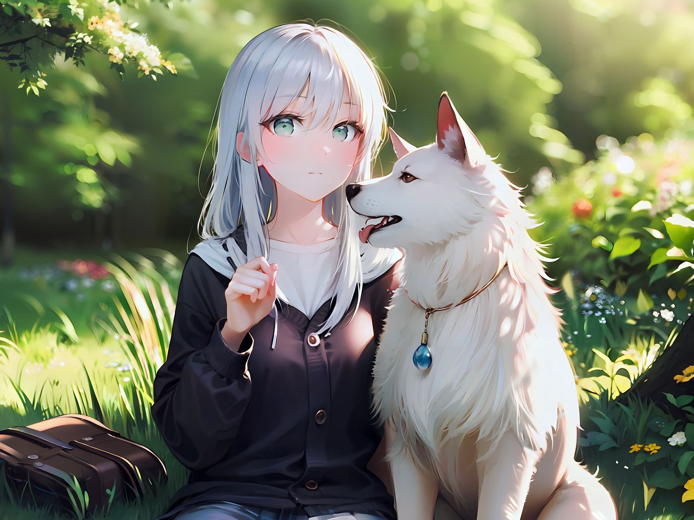 1400x1050 Download wallpaper 1400x1050 girl, dog, collar, backpack, forest, anime standard 4:3 HD background