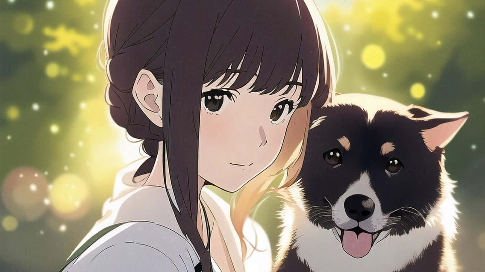1600x900 Download A Girl With A Dog In An Anime Setting