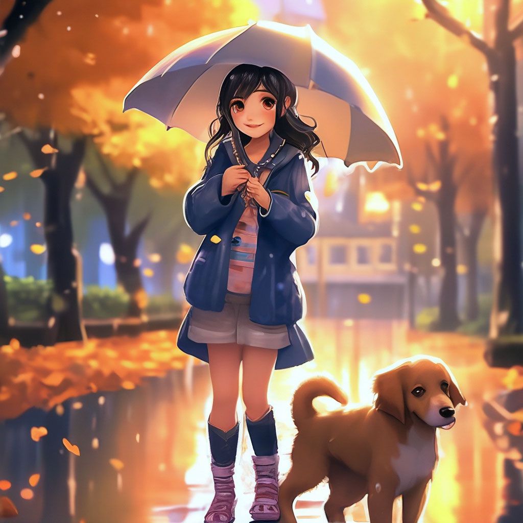 1024x1024 Cute Anime Girl In The Rain Playing With A Dog, Autumn Tree, Aesthetically Pleasing, Beautiful, 30mm Lens, 1 250s