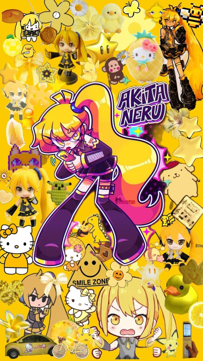 675x1200 Yellow wallpaper contains character such as Akita neru a vocaloid, hello kitty and others