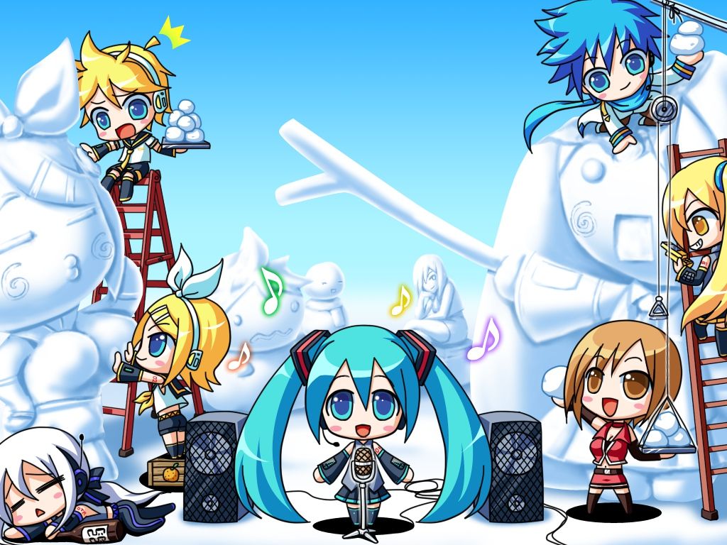 1024x768 akita neru chibi group hatsune miku kagamine len kagamine rin kaito male meiko music snow snowman twintails vocaloid yowane haku. konachan.net.com Anime Wallpaper