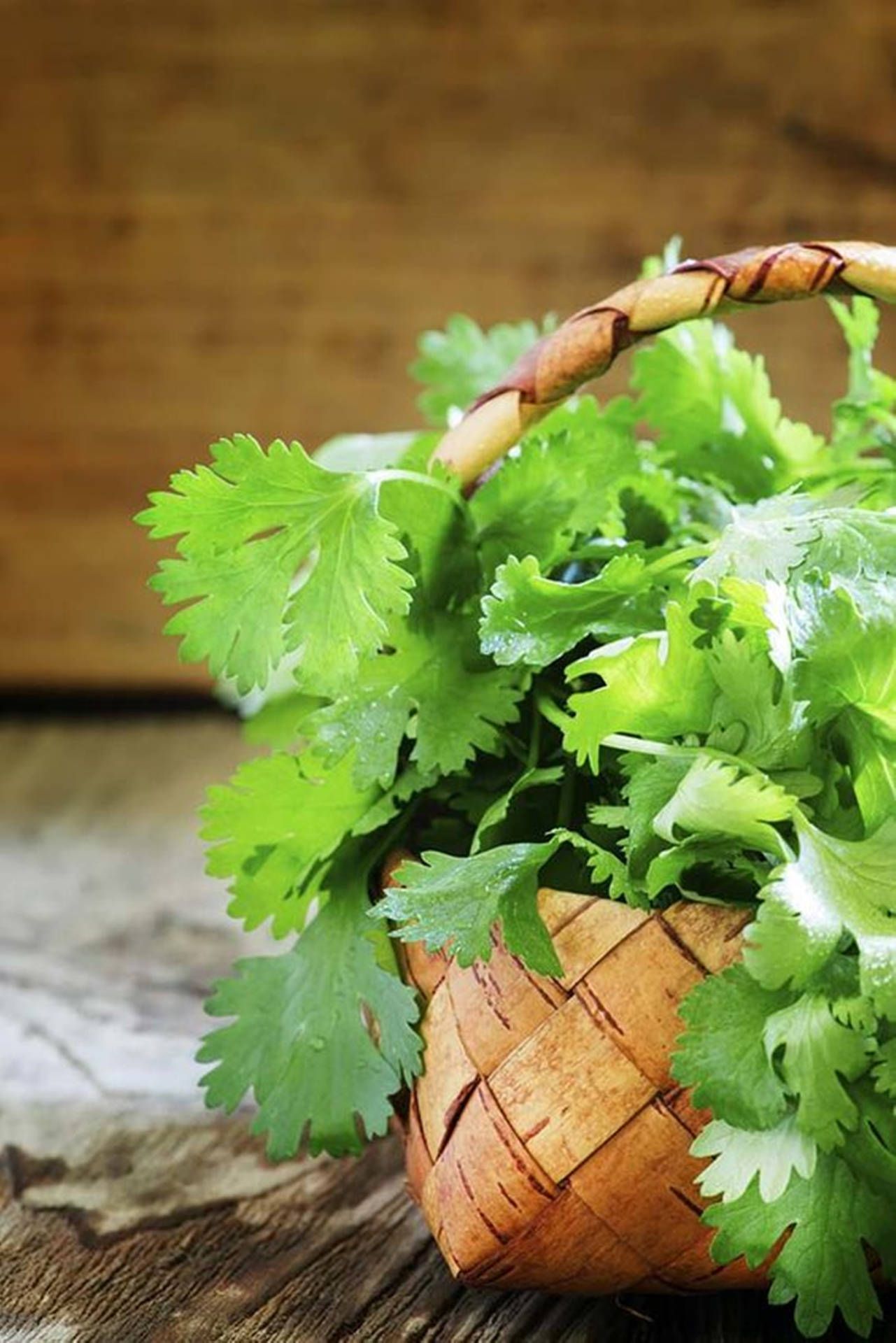 1281x1920 Download Aesthetic Coriander Plant On Woven Basket Wallpaper