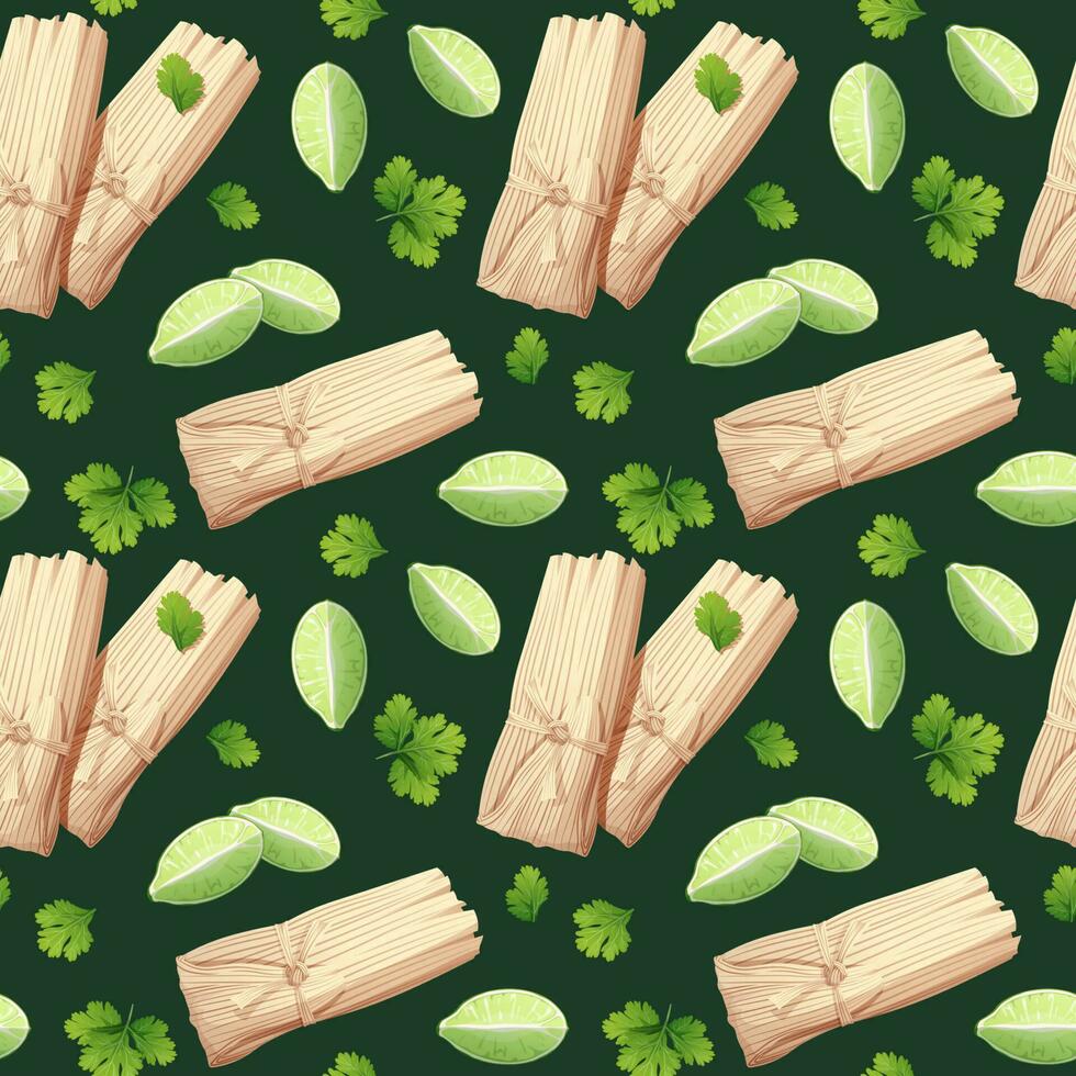 980x980 Seamless pattern with tamales with cilantro and lime. Texture with traditional mexican food. Great for wallpaper, menu decor, restaurants
