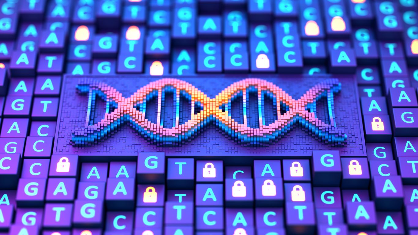 1366x768 Digital screen with DNA strands and sequencing ATGC data background. Double helix structure. Nucleic acid sequence. Genetic research. 3D illustration