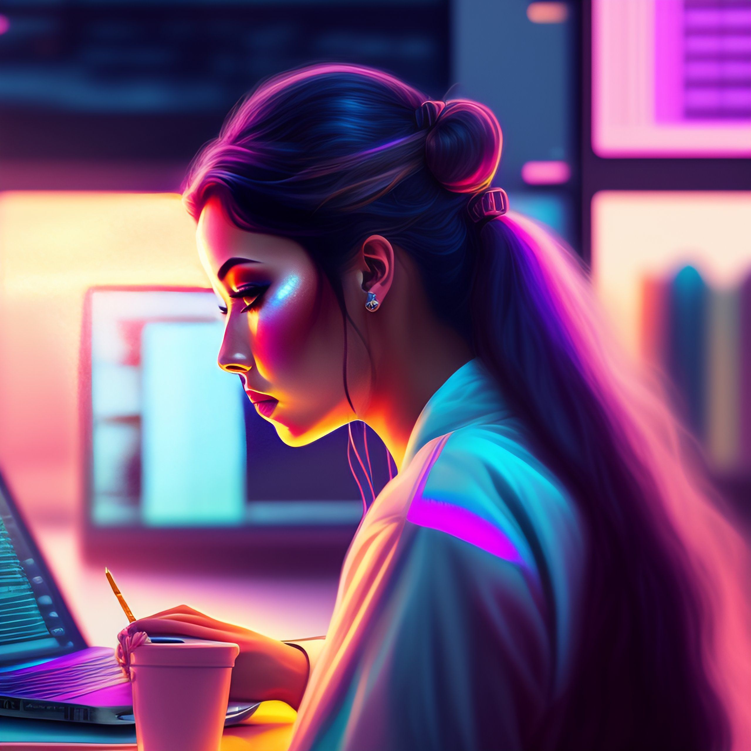 2560x2560 Lexica programming on her laptop, coding aesthetic, fantasy, pastel colors aesthetic, highly detailed, digital painting, concept art, sharp