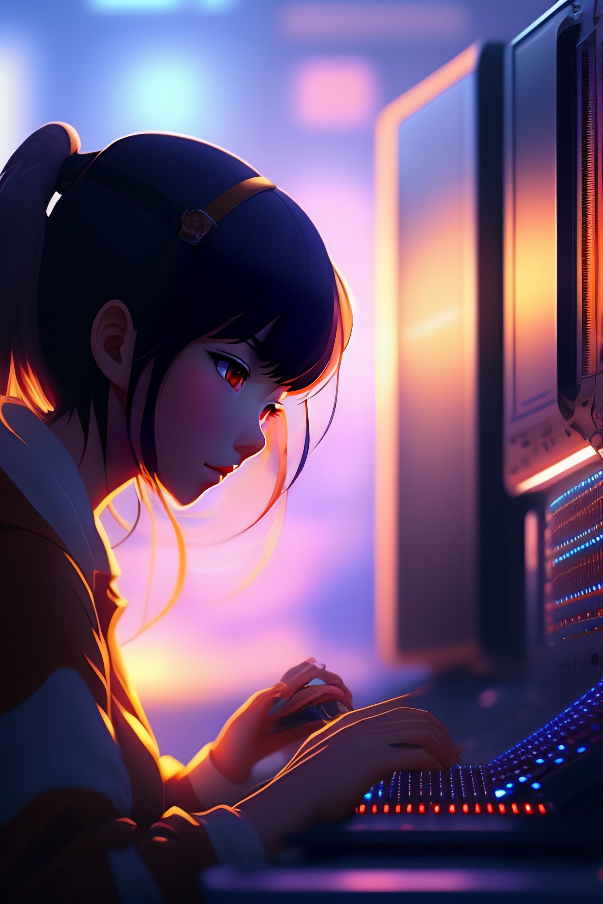 2048x3072 Lexica a high resolution artwork of Anime Girl is programming at a computer in a room full of gadgets, web developer,
