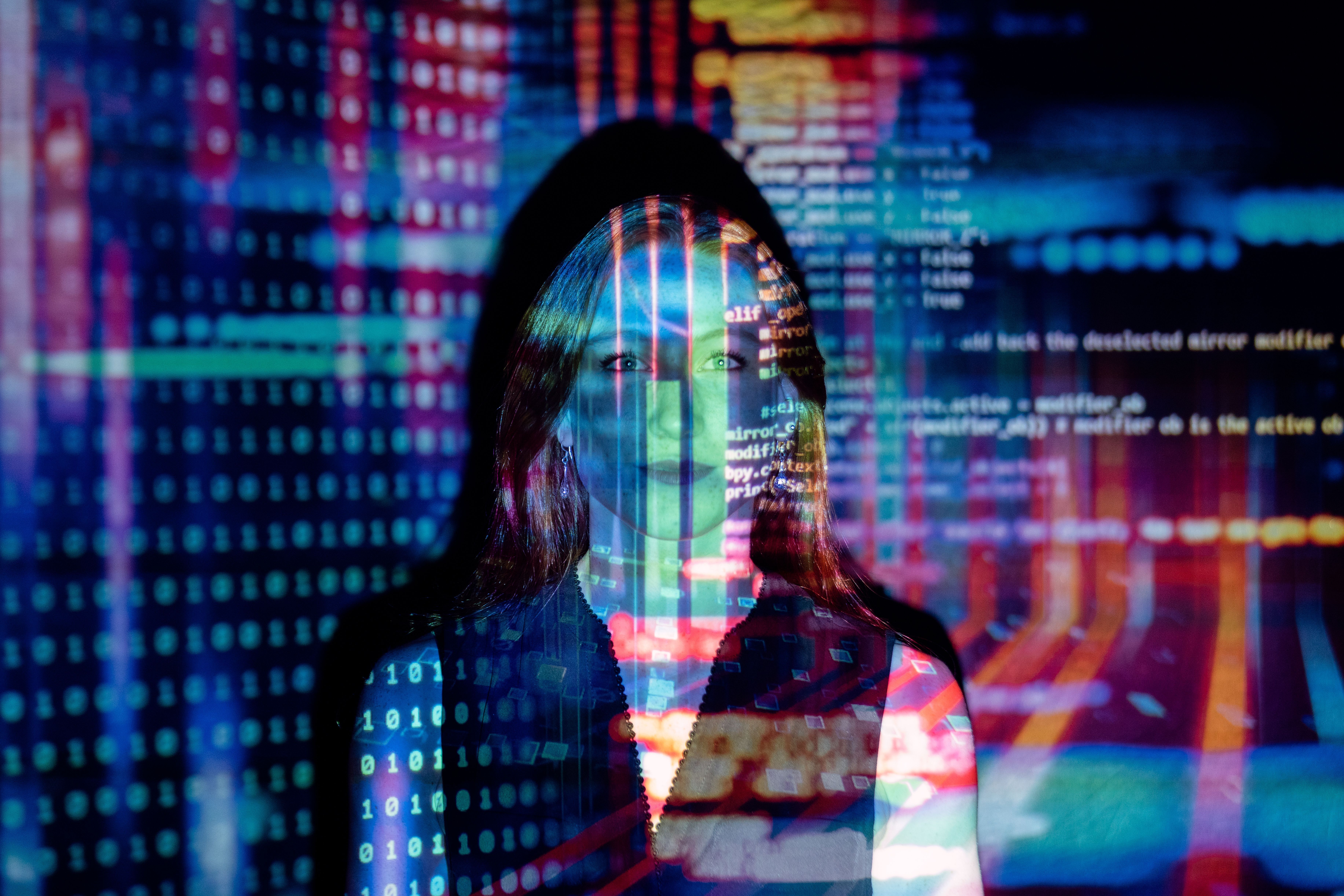 7330x4889 Code Projected Over Woman · Free