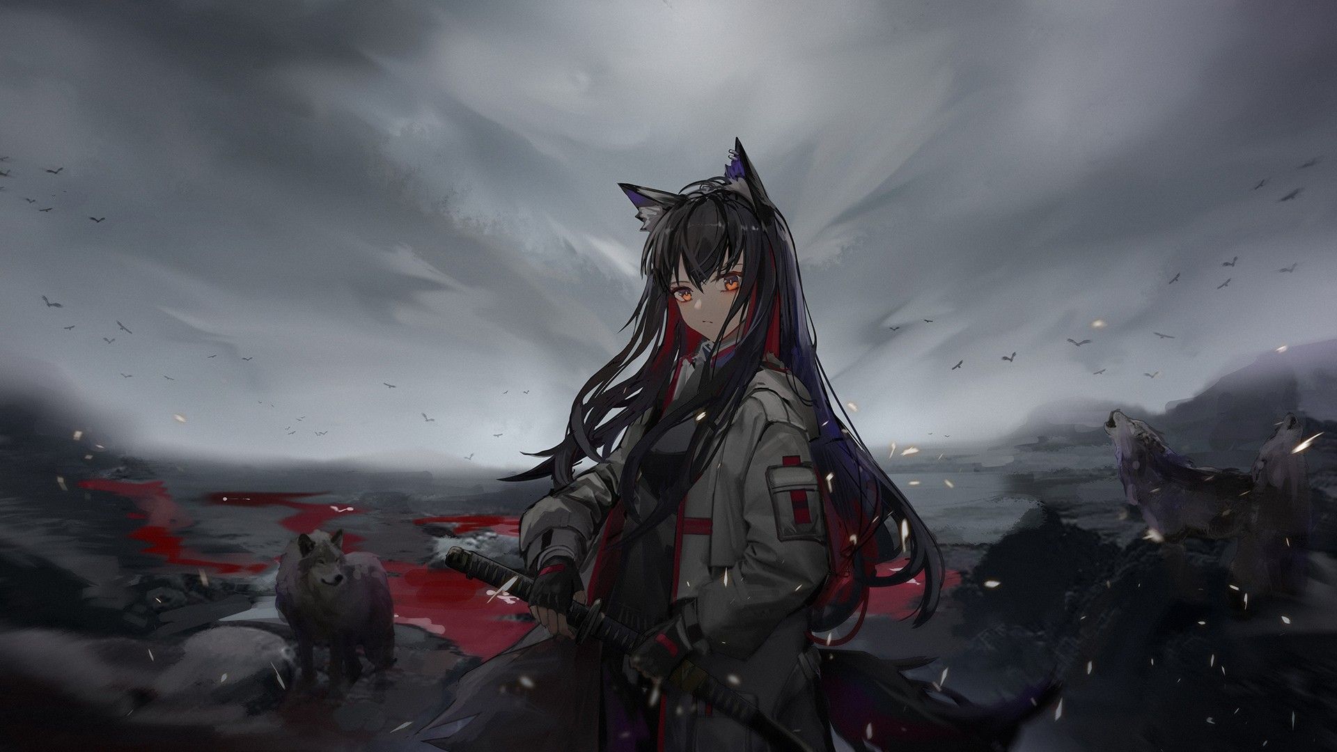 1920x1080 Animal Ears Black Hair Katana Long Hair Orange Eyes Texas HD Arknights Wallpaper
