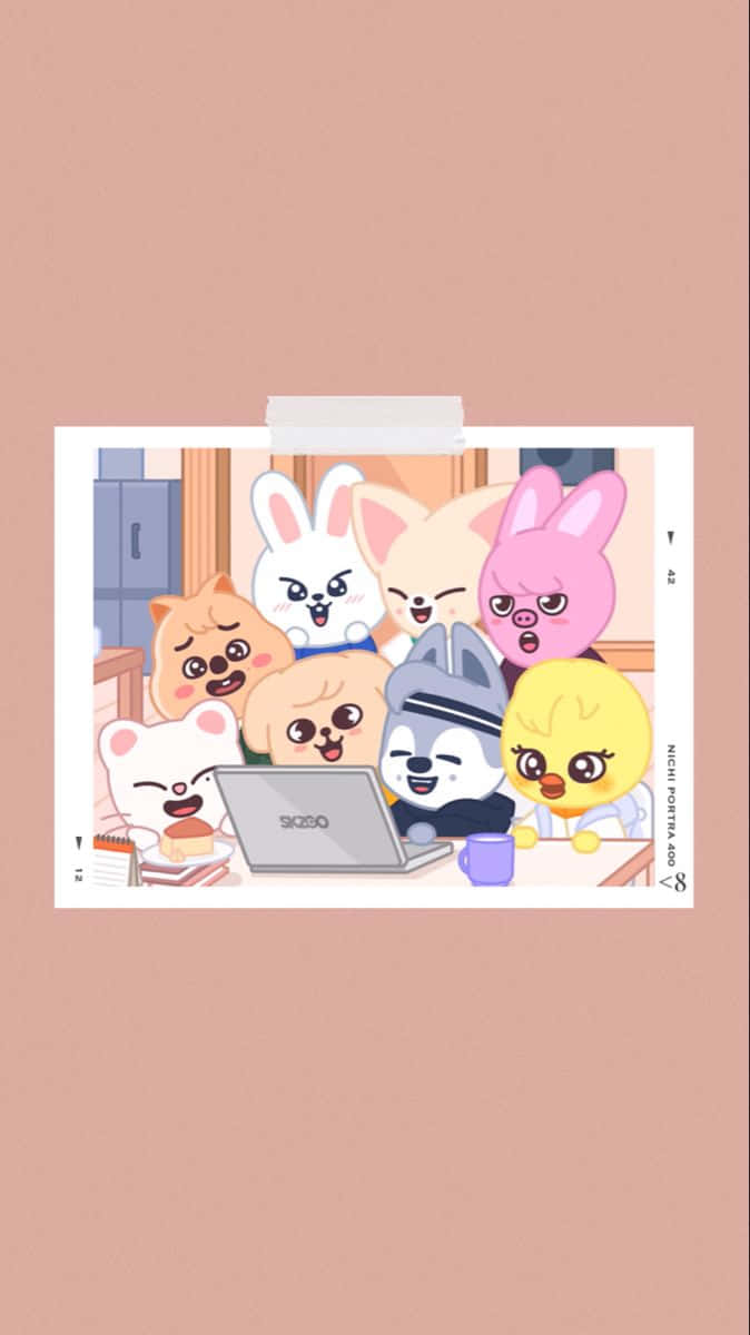 674x1200 Download Skzoo Characters Gathered Around Laptop Wallpaper