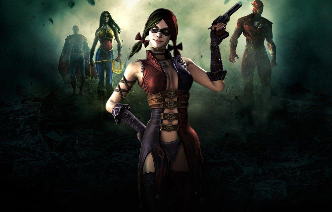 1332x850 Wallpaper superman, flash, fighting, Harley Quinn, Wonder women
