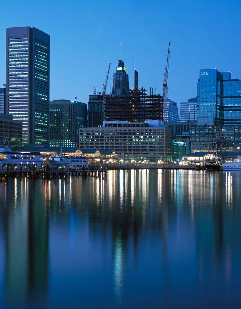 799x1024 View of revitalized Inner Harbor, Baltimore, Maryland