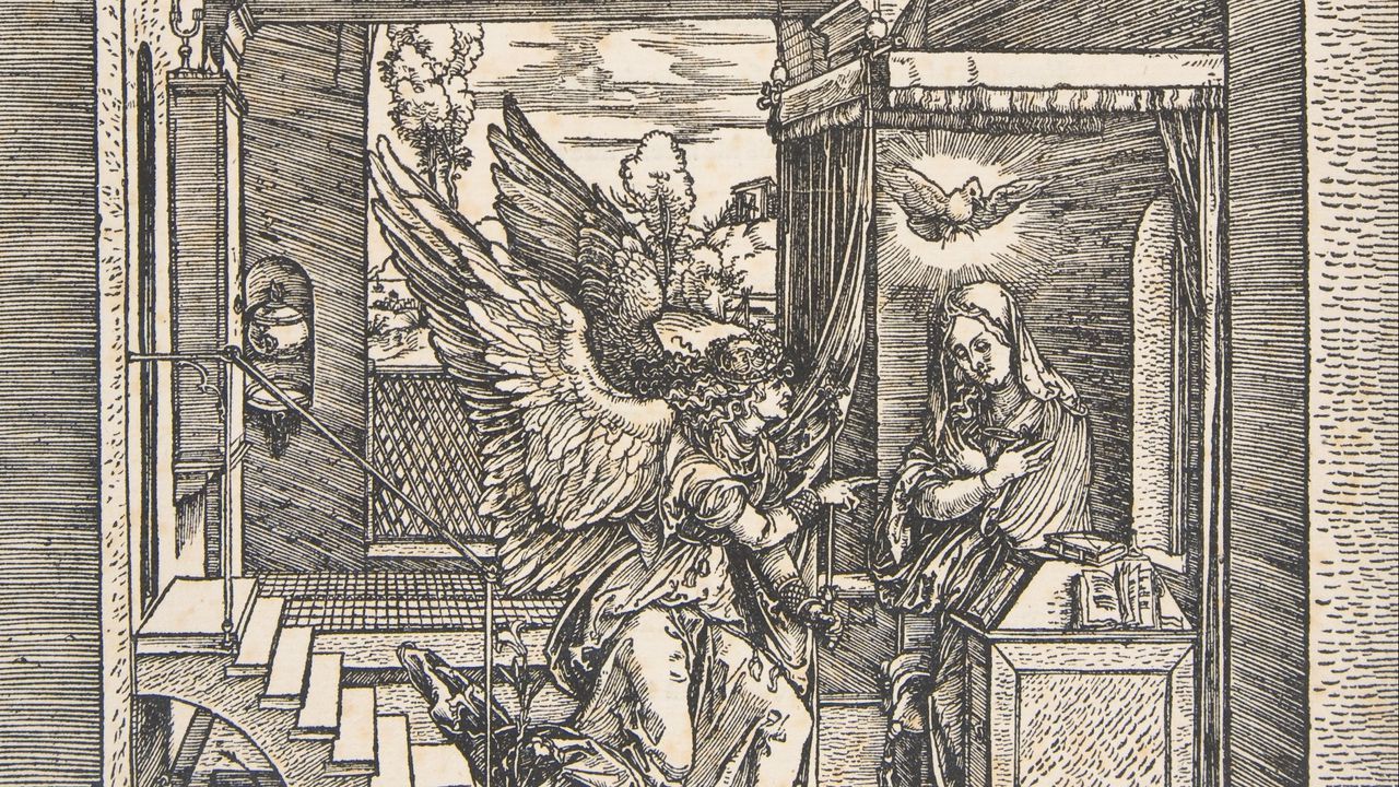 1280x720 Wallpaper albrecht durer, the annunciation, from the life of the virgin, virgin mary, angels, archangels, engraving hd, picture, image