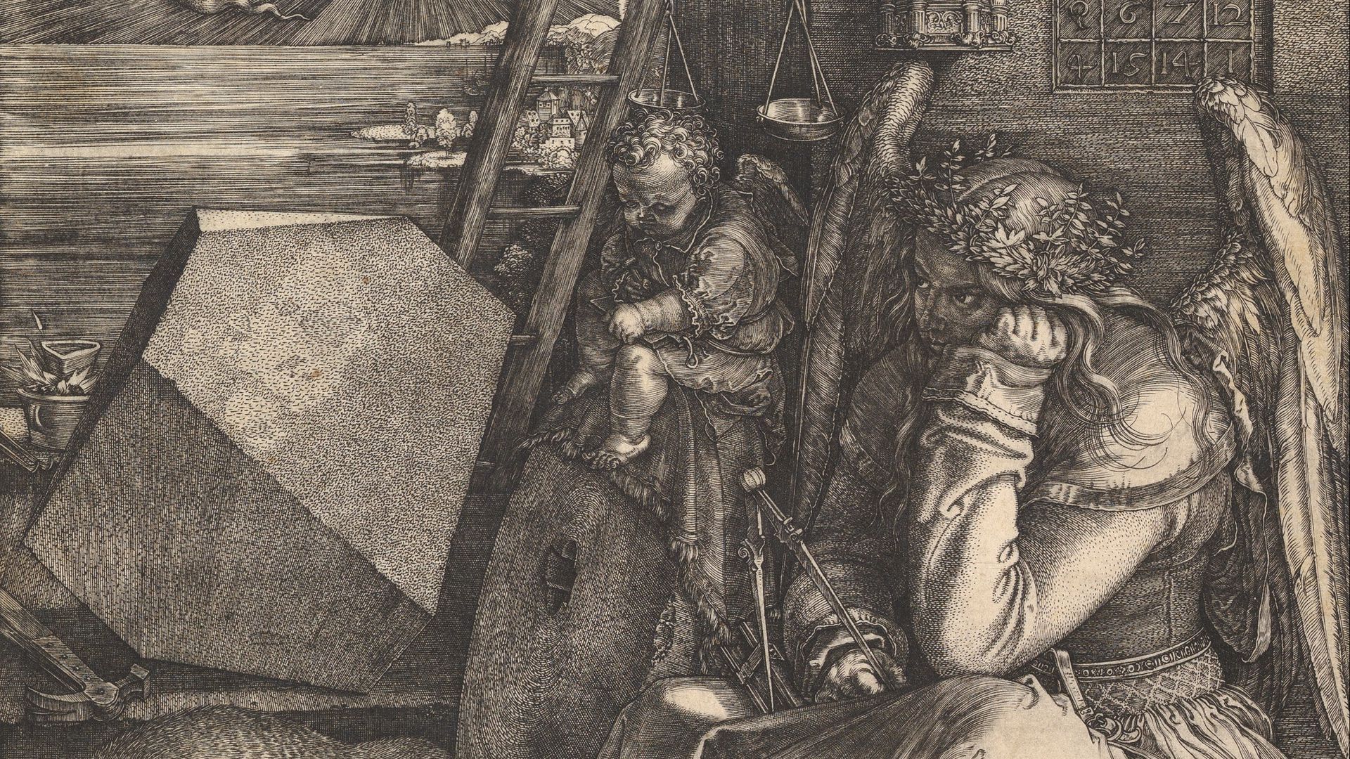 1920x1080 Download wallpaper 1920x1080 albrecht durer, melancholy, putto, winged genius, engraving full hd, hdtv, fhd, 1080p HD background